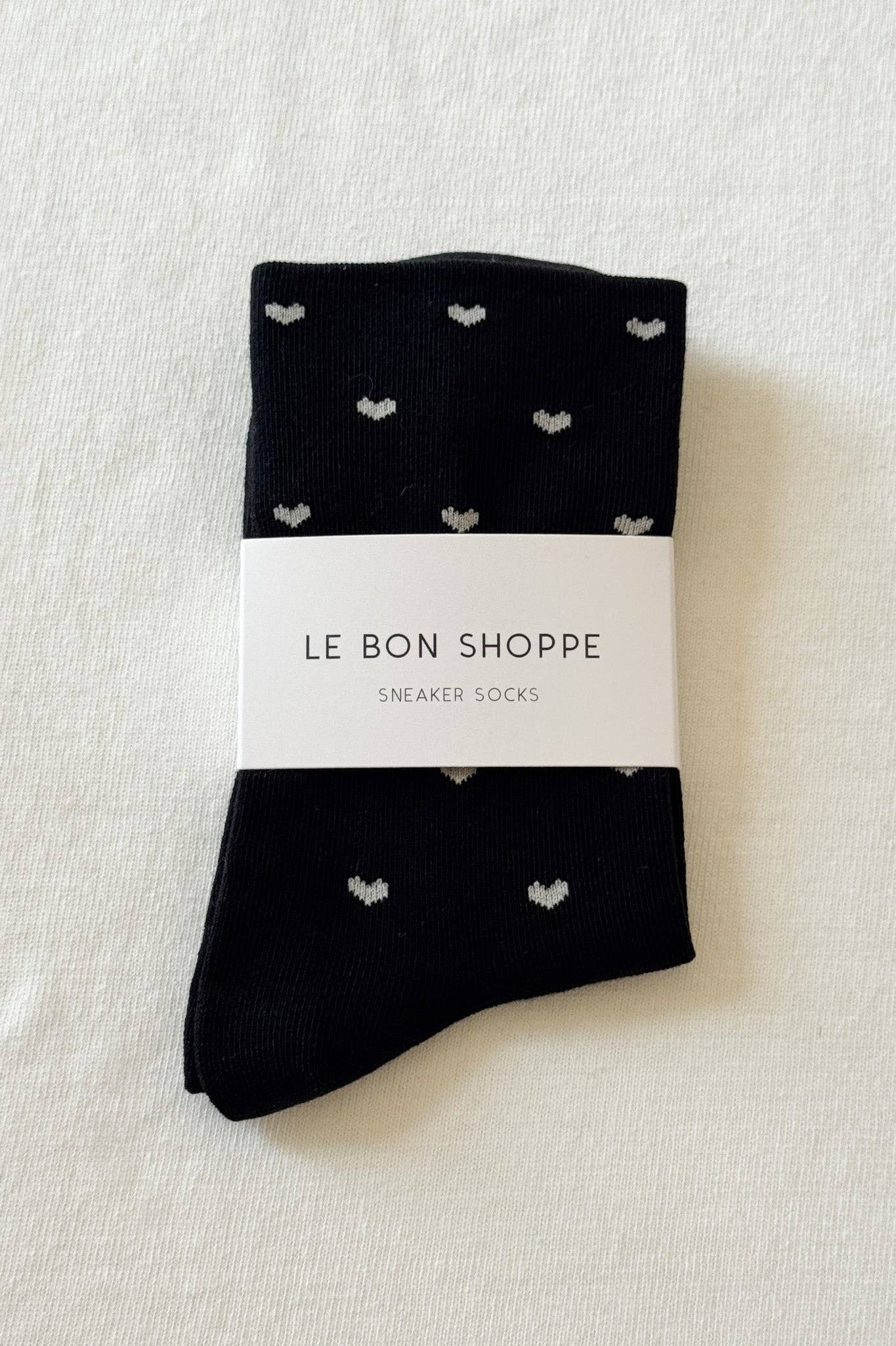 Le Bon Shoppe Heart Sneaker Socks in Black/Cream, low-cut breathable sneaker sock