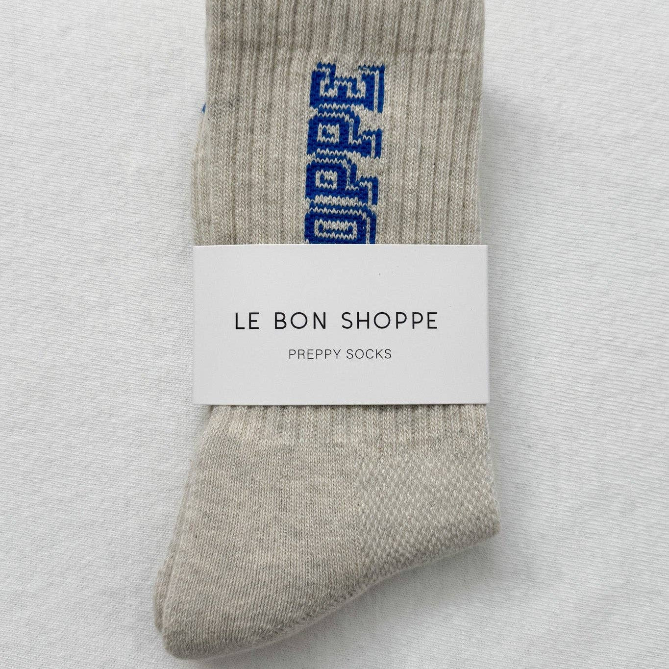 Le Bon Shoppe Preppy Socks in Ice/Blue, varsity block-letter crew sock