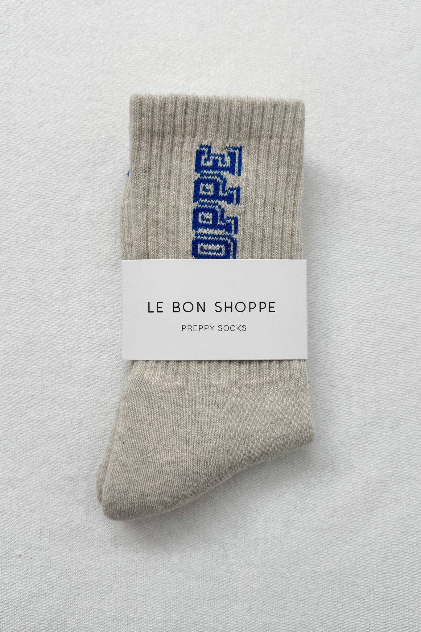Le Bon Shoppe Preppy Socks in Ice/Blue, varsity block-letter crew sock