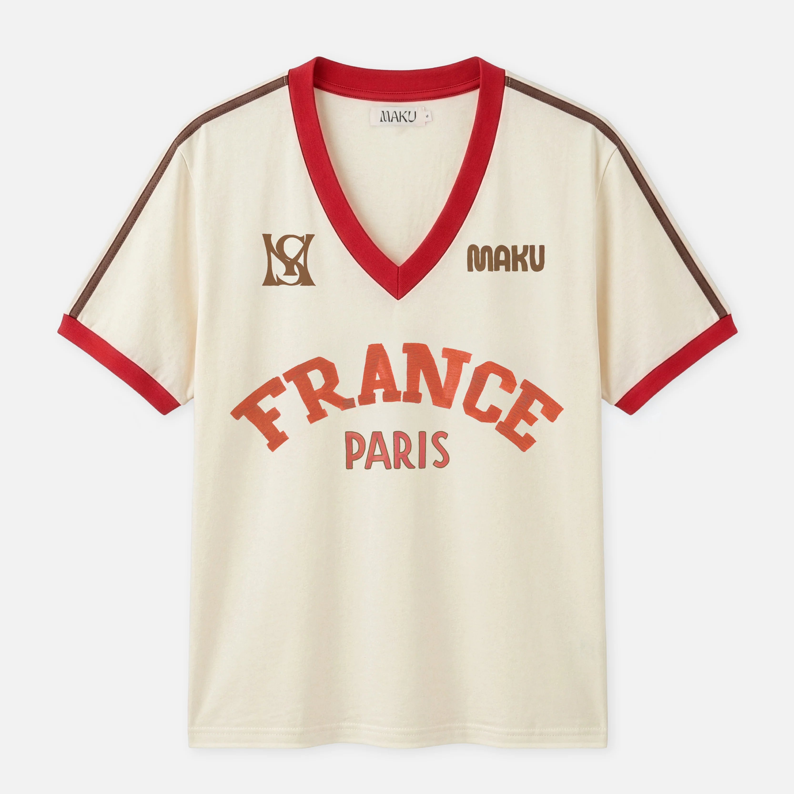 Beige sports jersey with red accents and 'France Paris' text on a white background