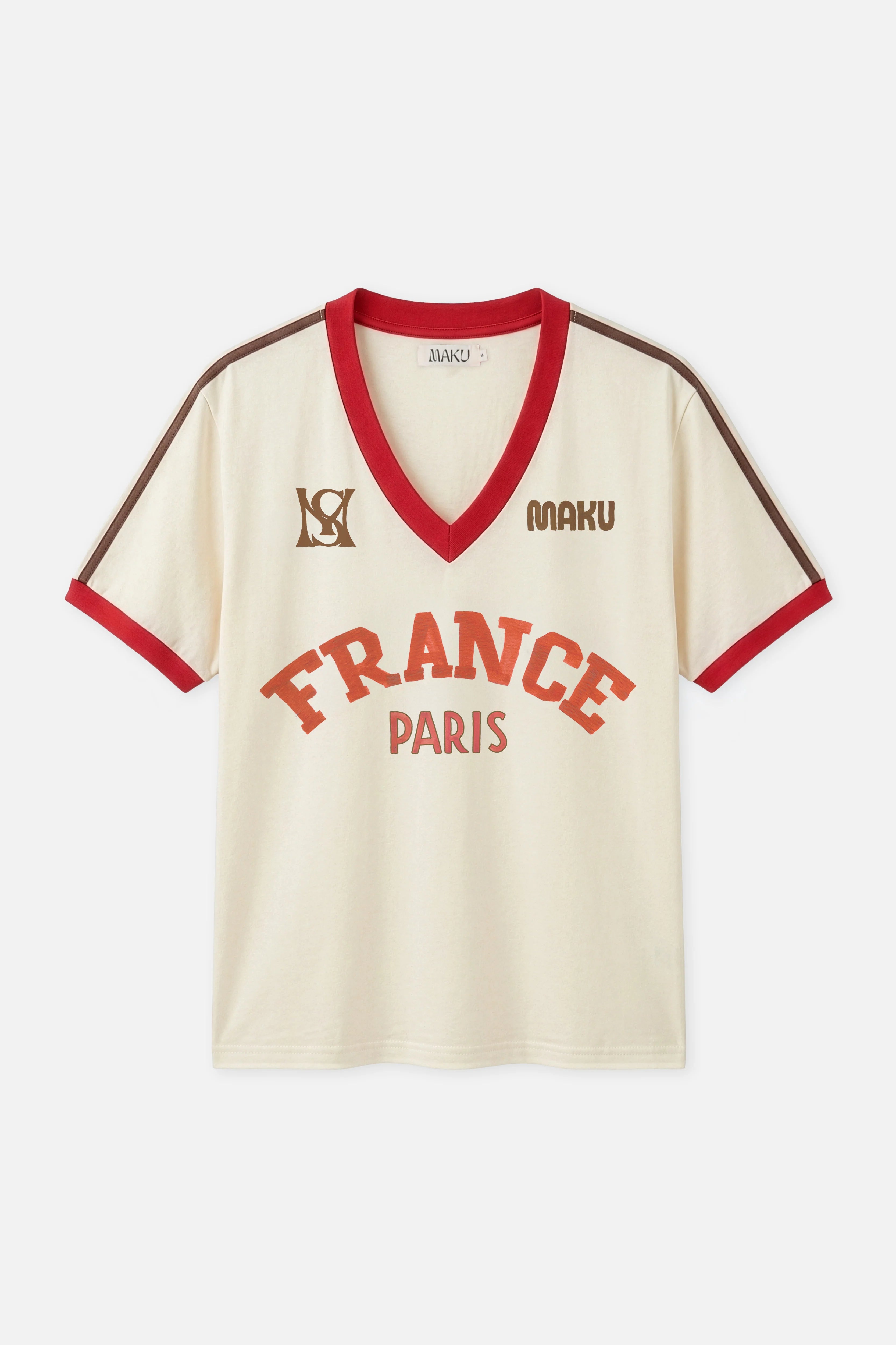 Beige sports jersey with red accents and 'France Paris' text on a white background
