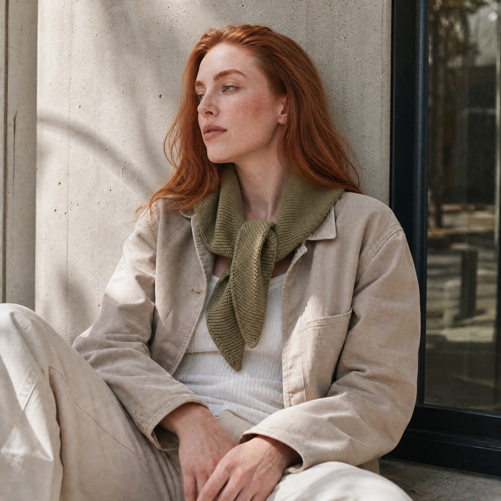 Paul James Knitwear - Cotton Textured Neckerchief- Light Olive — product detail shot