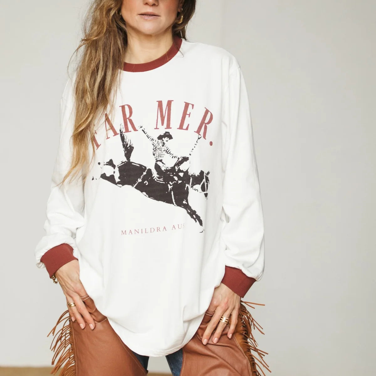 FAR MER by Whitney Outrider Long Sleeve Tee — styled lifestyle shot