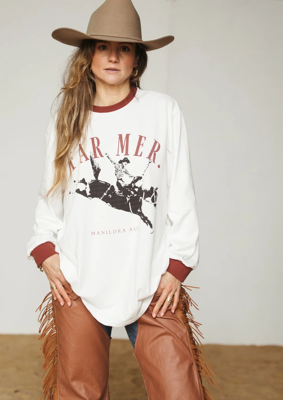 FAR MER by Whitney Outrider Long Sleeve Tee — styled lifestyle shot
