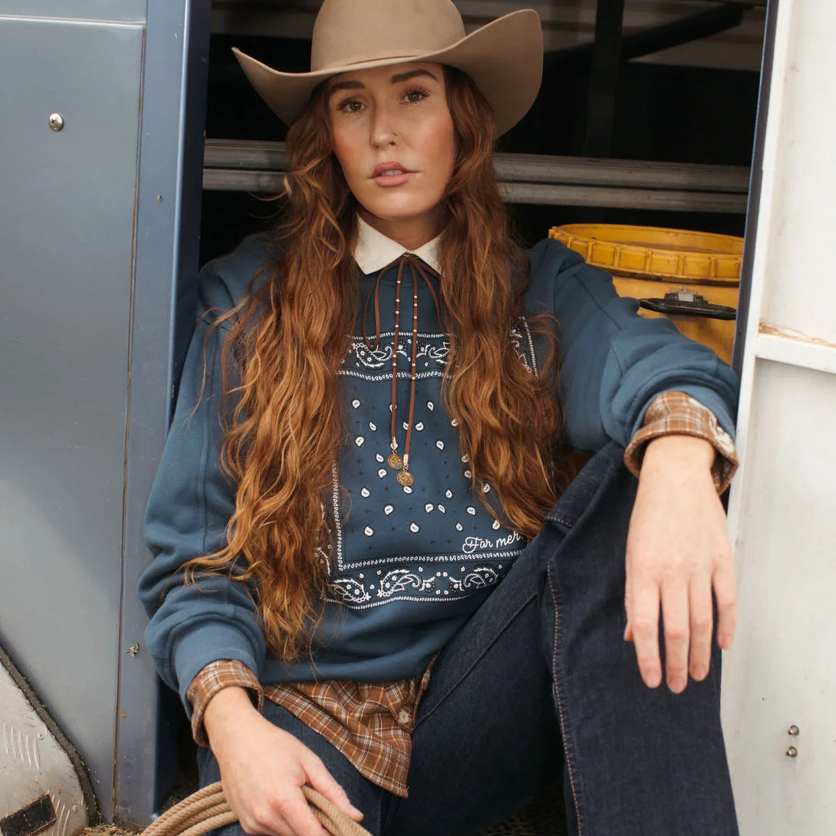 FAR MER by Whitney Paisley Fleece Pullover — back view flat lay