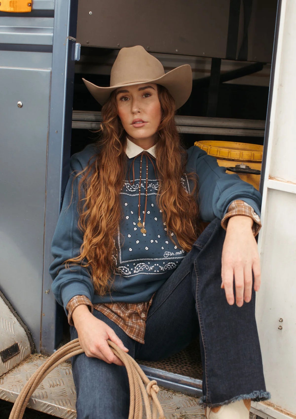 FAR MER by Whitney Paisley Fleece Pullover — back view flat lay