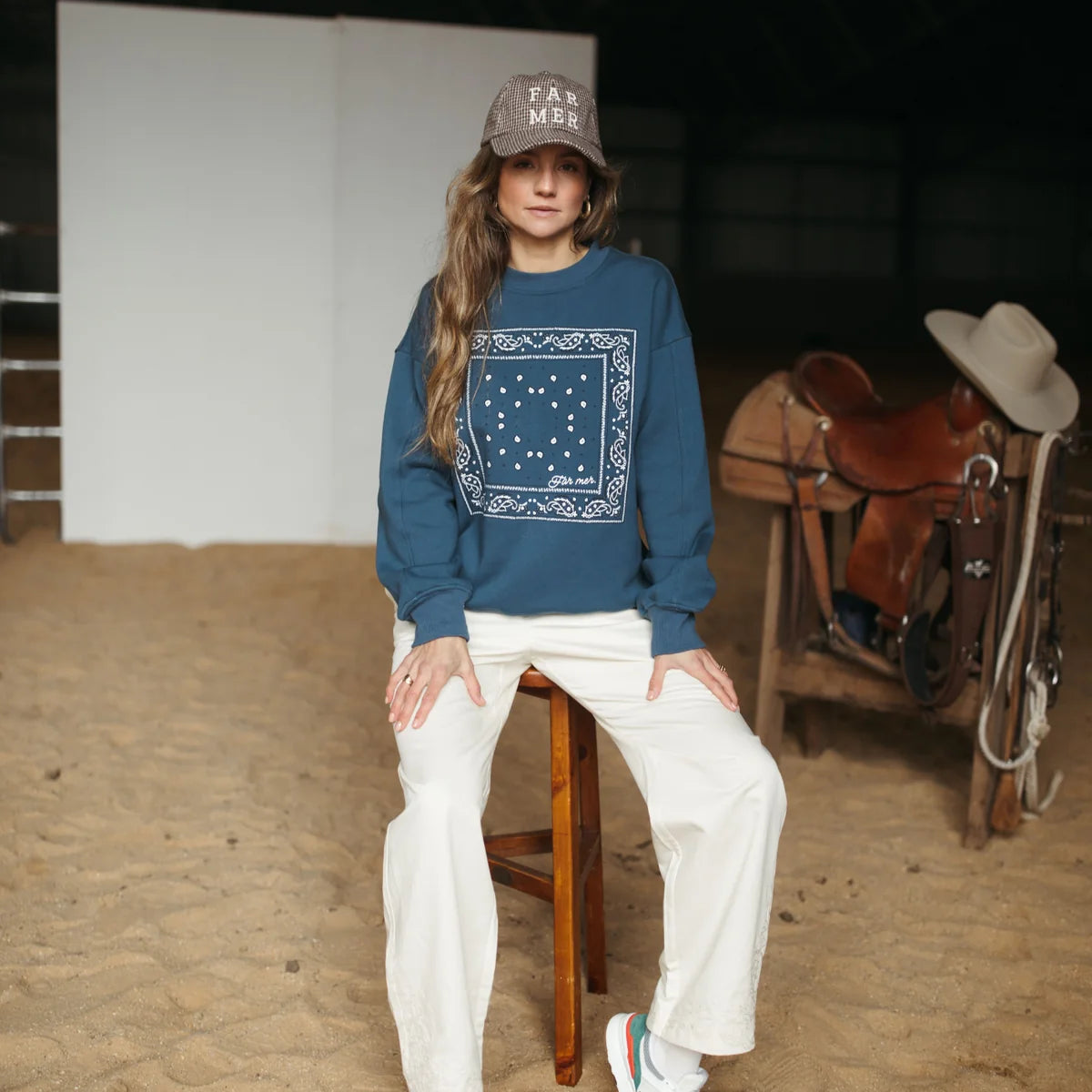 FAR MER by Whitney Paisley Fleece Pullover — front view flat lay