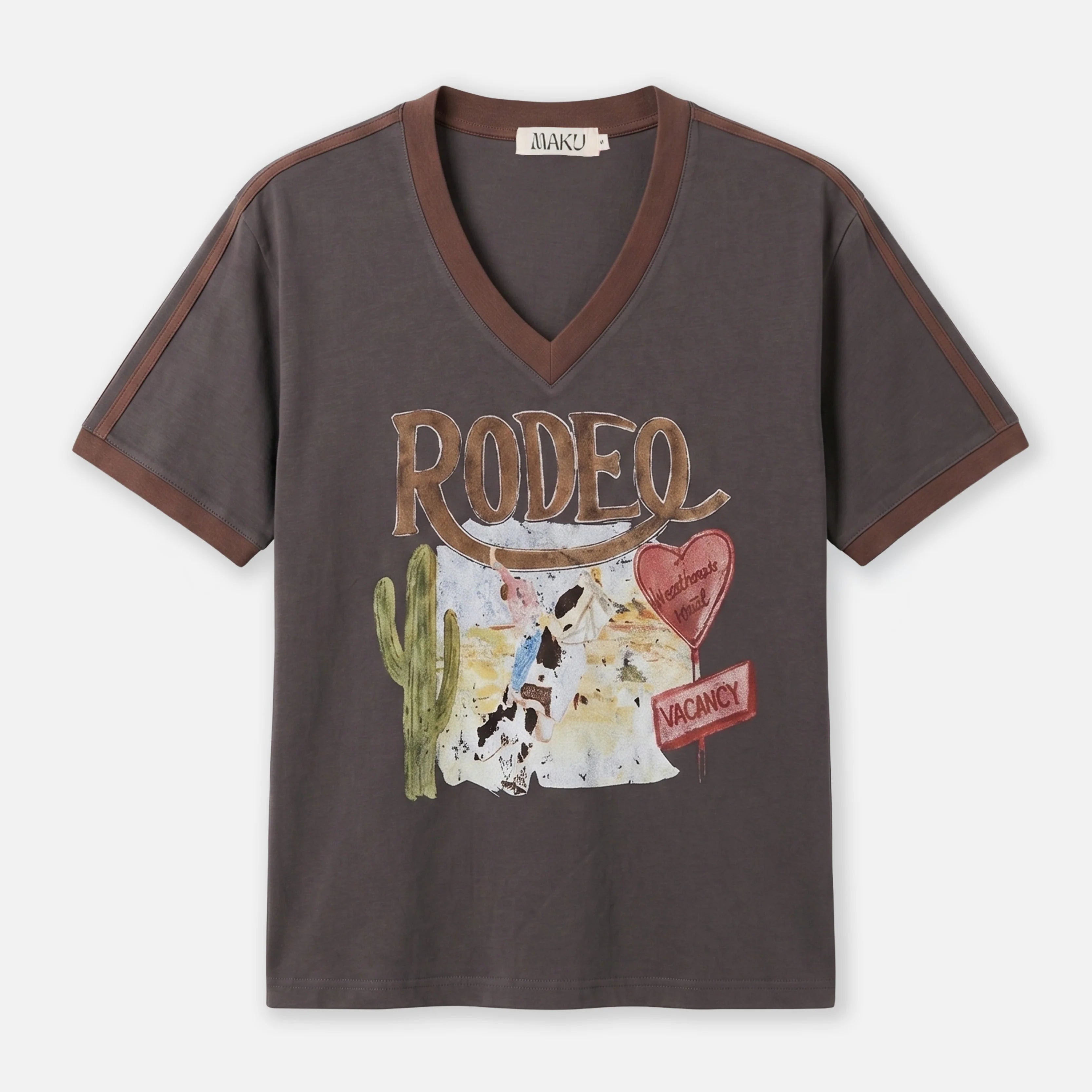 Dark brown t-shirt with 'Rodeo' graphic design on a white background