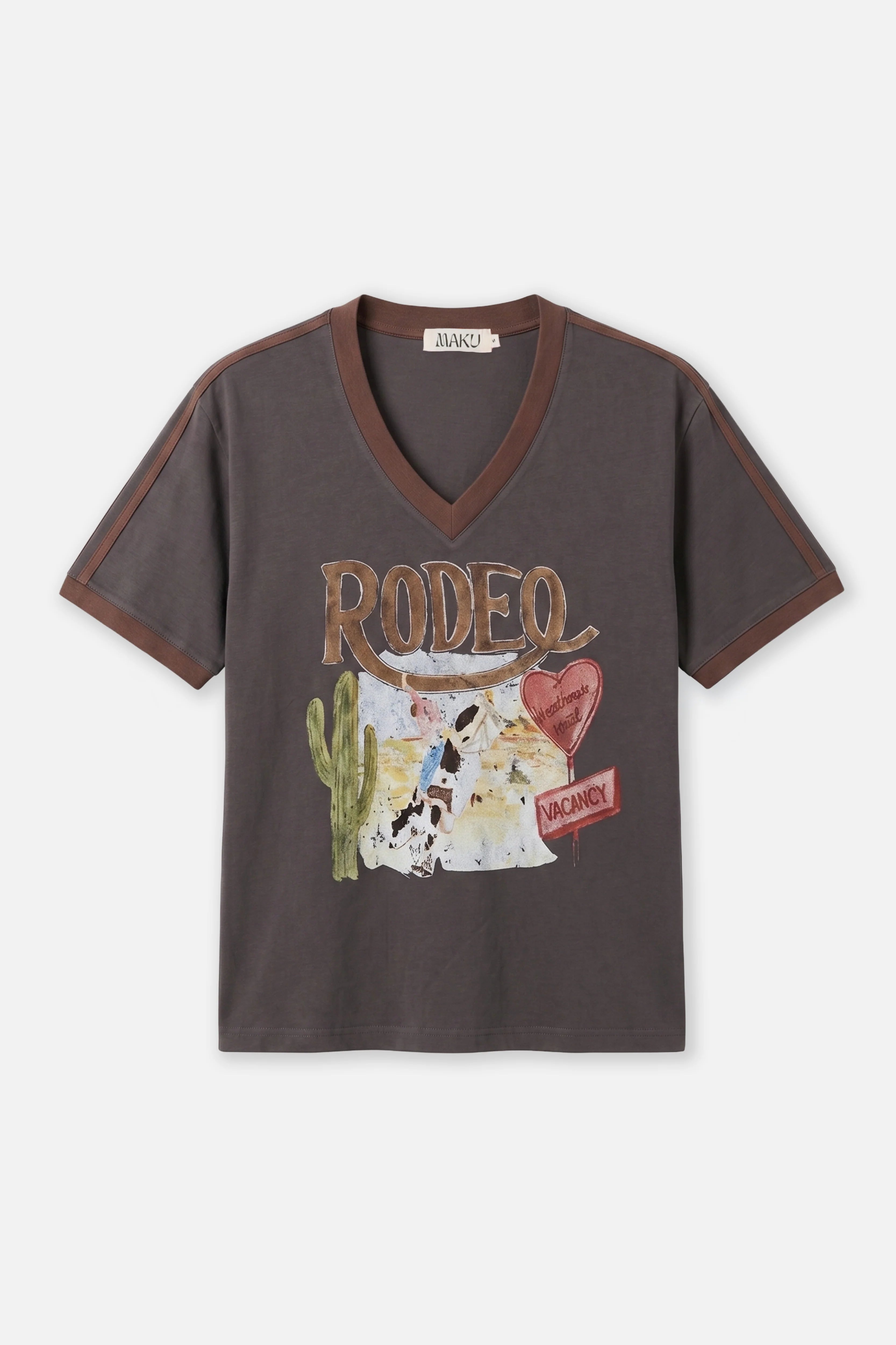 Dark brown t-shirt with 'Rodeo' graphic design on a white background